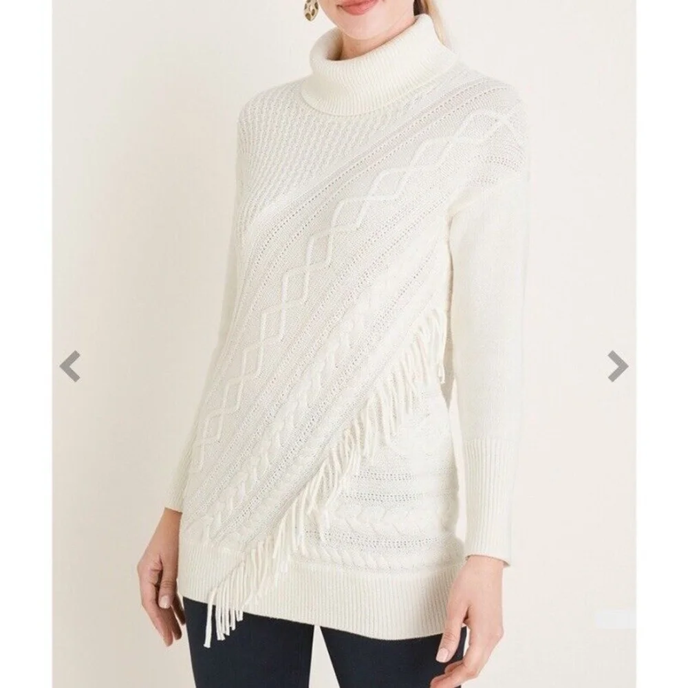 Chico’s Cream Boho Fringe Turtleneck Cable-Knit Tunic Sweater Women Size:2/L
